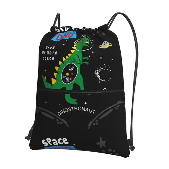 Vsdgher Space Dino Cartoon Black Drawstring Backpack Water Resistant String Bag Sports Sackpack Gym Sack for Men Women
