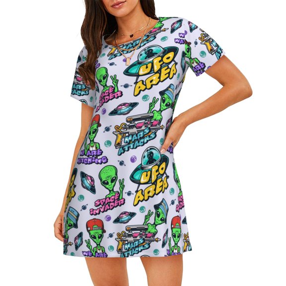 Vsdgher Space Monster Pattern Womens Short Sleeve Sleepshirt Scoopneck Cute Nightdress Ruffle Comfy Nightgown