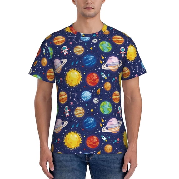 Vsdgher Space Planet Print Men's Dry Fit Mesh Athletic Shirts Moisture Wicking Tennis T-Shirt Tops