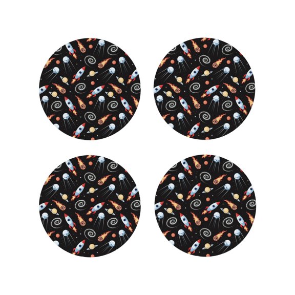 Vsdgher Space Rocket Leather Coasters for Drinks, Durable Drink Coasters 4 Set for Tabletop Protection, Luxurious Home Décor and Housewarming Gift ( {designName})Round Shape