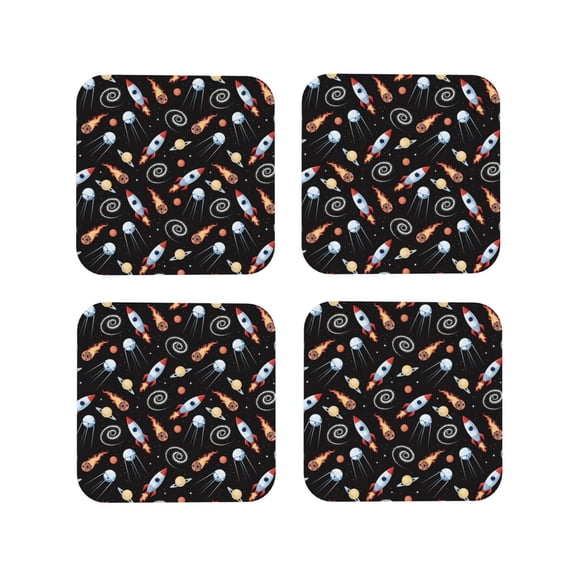 Vsdgher Space Rocket Leather Coasters for Drinks, Durable Drink Coasters 4 Set for Tabletop Protection, Luxurious Home Décor and Housewarming Gift ( {designName})Square