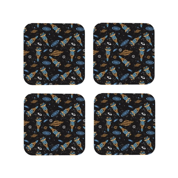 Vsdgher Space Rocket Leather Coasters for Drinks, Durable Drink Coasters 4 Set for Tabletop Protection, Luxurious Home Décor and Housewarming Gift ( {designName})Square