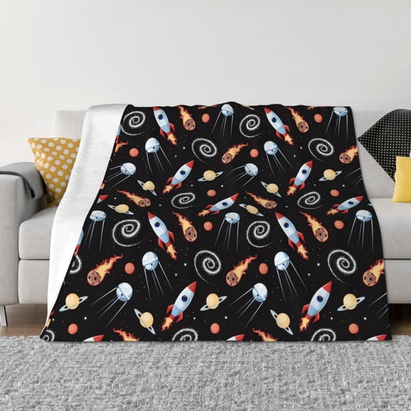 Vsdgher Space Rocket Pattern Fleece Throw Blanket, Horizontal Fleece Bedding Home Decor for Couch & Bed All Season Use -80"x60"