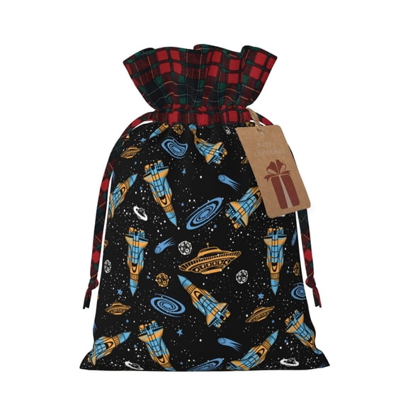 Vsdgher Space Rockets Christmas Drawstring Bags Xmas Burlap Bags Pouches Xmas Elements Wrapping Bags for Candy Goody Birthday Wedding-Black