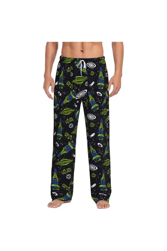 Space Rockets Print Mens Pajama Pants Sleep & Lounge Pants, PJ Bottoms With elastic waistb and Pockets