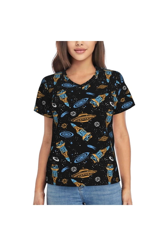 Space Rockets Women Shirts V Neck Short Sleeve Tops T-Shirt Basic Tees, S to 3XL3X-Large