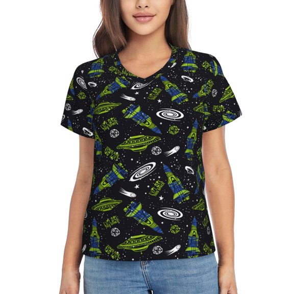 Vsdgher Space Rockets Women Shirts V Neck Short Sleeve Tops T-Shirt Basic Tees, S to 3XLSmall