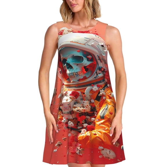Vsdgher Space Skeleton Art Print Summer Dresses for Women Casual U Neck Beach Dress Sleeveless Tank Loose Sundress with Pocket -XX-Large