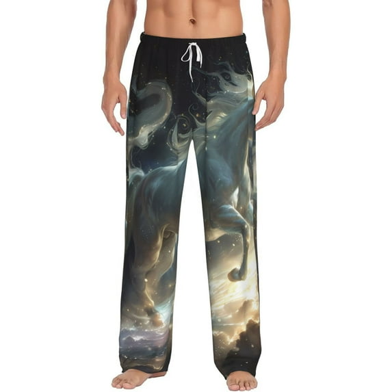 Vsdgher Space White Horse Print Mens Pajama Pants Sleep & Lounge Pants, PJ Bottoms With elastic waistb and Pockets