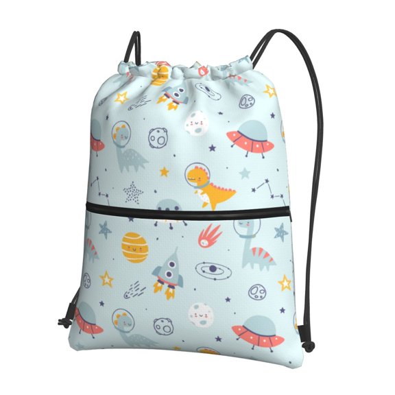 Vsdgher Space With Dino Astronauts Drawstring Backpack Water Resistant String Bag Sports Sackpack Gym Sack for Men Women