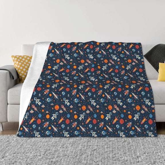 Vsdgher Spaceships And Stars In Outer Space Pattern Fleece Throw Blanket, Horizontal Fleece Bedding Home Decor for Couch & Bed All Season Use -50"x40"