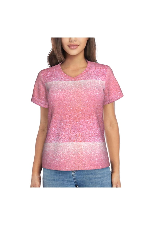 Sparkly Glitter Women Shirts V Neck Short Sleeve Tops T-Shirt Basic Tees, S to 3XLLarge