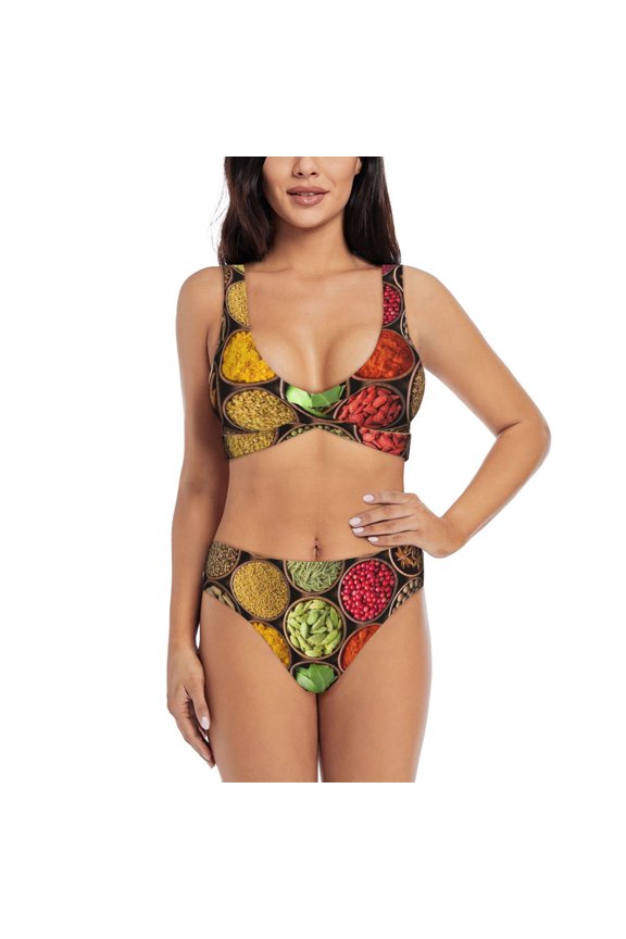 Vsdgher Spices And Herbs Print Two-piece cross bikini for woman Swimsuit Bathing Suit High Waisted Sexy Cutout Bathing Suits