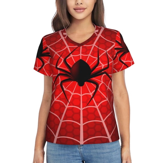 Vsdgher Spider Web1 Women Shirts V Neck Short Sleeve Tops T-Shirt Basic Tees, S to 3XLX-Large