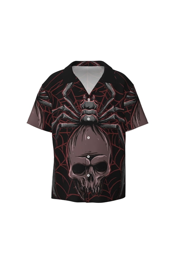 Spider with Skull Print Men's Wrinkle Free Untucked Cuban Shirt Business Casual Button Down Shirts Short Sleeve Shirt