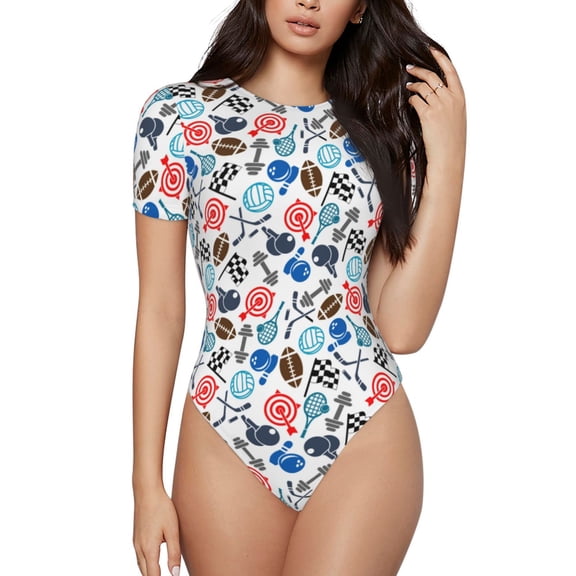 Vsdgher Sport Items Prinr Short Sleeve Body suit for Womens, Sexy Onesie One Piece Round Neck Bodysuit Shapewear Tummy Control-Large