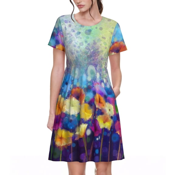 Vsdgher Spring Flower Seasonal for Womens Summer 2025 Casual Midi Maxi Dresses Lightweight Short Sleeve Round Neck Beach Dress -Large