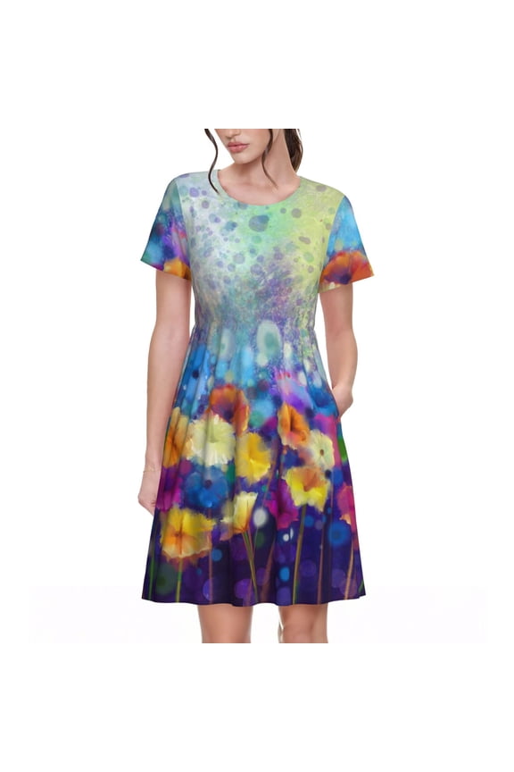 Spring Flower Seasonal for Womens Summer 2025 Casual Midi Maxi Dresses Lightweight Short Sleeve Round Neck Beach Dress -Medium