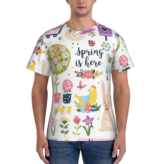 Vsdgher Spring Flowers Birds Print Men's Dry Fit Mesh Athletic Shirts Moisture Wicking Tennis T-Shirt Tops