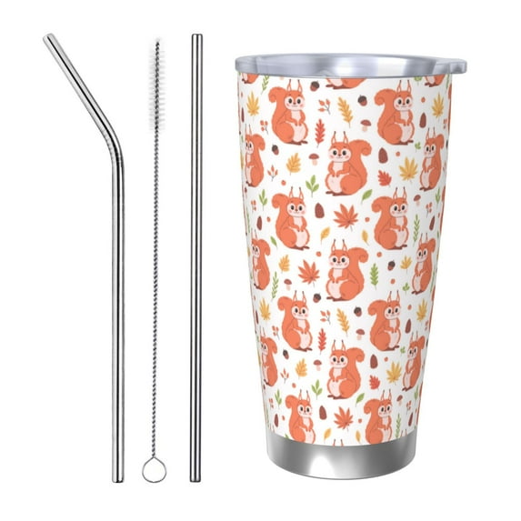 Vsdgher Squirrel And Maple Leaf 20 Oz Stainless Steel Vacuum Insulated, Travel Mug Coffee Cup for Home, Office, Outdoor Works Great for Ice Drinks and Hot Beverage -Straw Three-piece Set