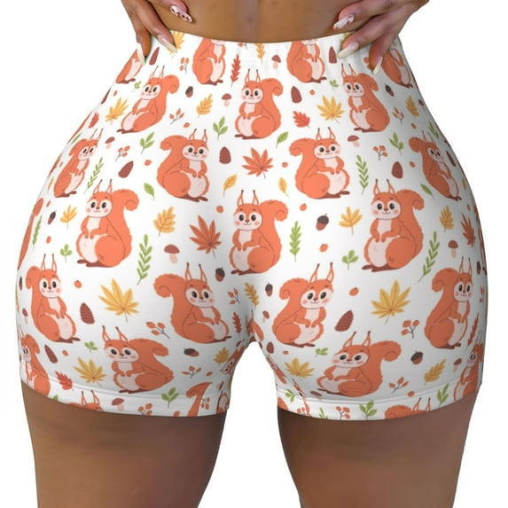 Vsdgher Squirrel And Maple Leaf print Workout Shorts for Women Seamless Soft Smooth Gym Yoga Scrunch Active Exercise Fitness Shorts