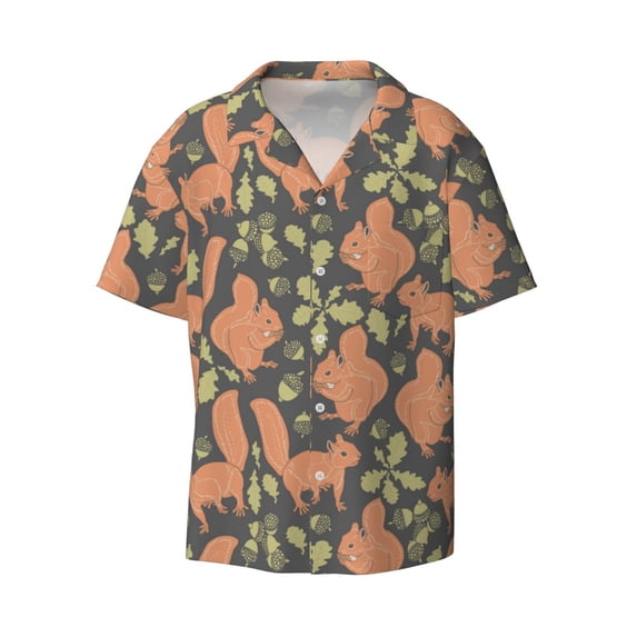 Vsdgher Squirrel And Nuts Print Men's Wrinkle Free Untucked Cuban Shirt Business Casual Button Down Shirts Short Sleeve Shirt