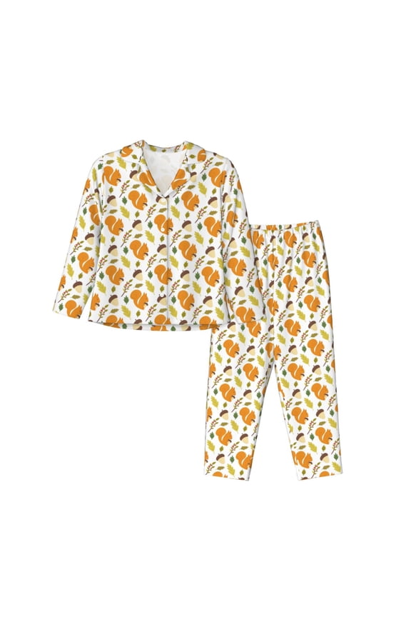 Squirrel Eating Nuts Pajamas Set Long Sleeve Sleepwear Womens Button Down Nightwear Pj Sets-Large