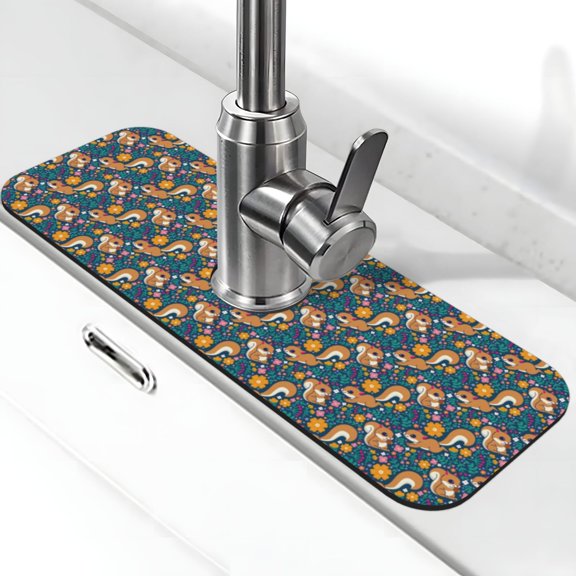 Vsdgher Squirrel Garden Delight Kitchen Sink Splash Guard Faucet Mat -1 PC Super Absorbent Fast Drying Mat Sink Gadgets-Splash, Bathroom,Sink Mat,(15" X 5.5" )