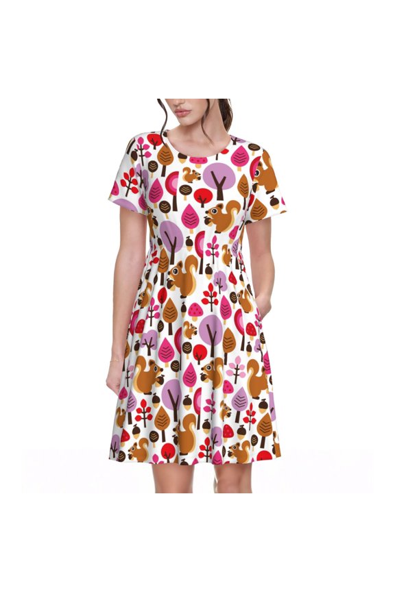 Squirrel In The Forest for Womens Summer 2025 Casual Midi Maxi Dresses Lightweight Short Sleeve Round Neck Beach Dress -Large