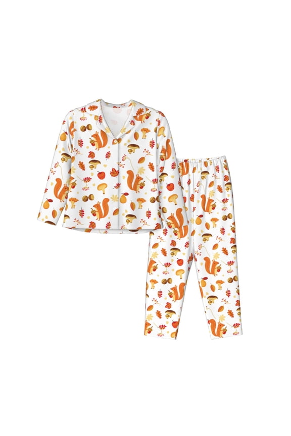 Squirrel InThe Forest3 Pajamas Set Long Sleeve Sleepwear Womens Button Down Nightwear Pj Sets-X-Large