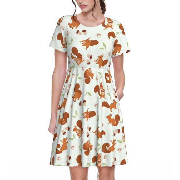 Vsdgher Squirrel Playing for Womens Summer 2025 Casual Midi Maxi Dresses Lightweight Short Sleeve Round Neck Beach Dress -Medium