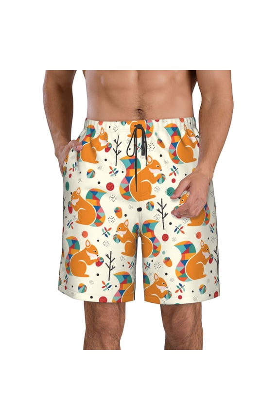 Squirrel With Colorful Tail Men's Beach Shorts, Surfing shorts, Swim trunks, Quick Dry Swim Trunks for Surfing Beach Fun -Small