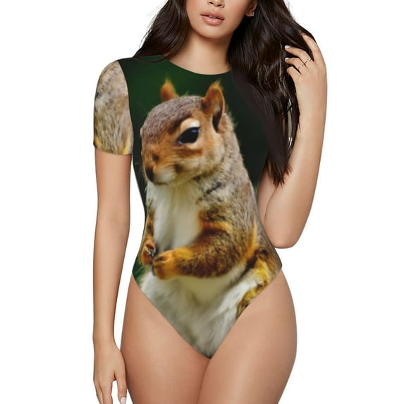Vsdgher Squirrels Eating Peanuts On The Tree Prinr Short Sleeve Body suit for Womens, Sexy Onesie One Piece Round Neck Bodysuit Shapewear Tummy Control-Large