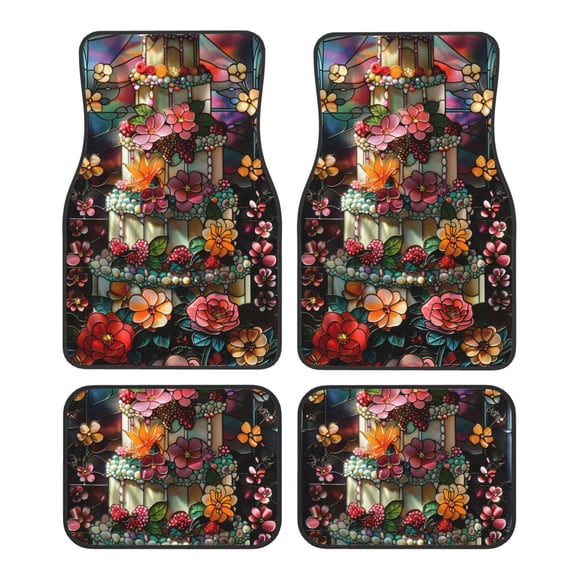Vsdgher Stained Glass Floral Cake Car Foot Mat Set of 4 Pieces Universal Floor Liner Car Accessories Fits Most Cars, Trucks, Vans, sedans, SUV