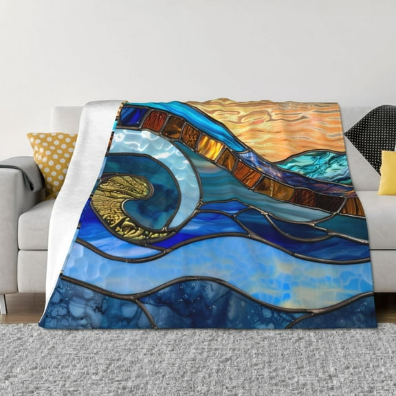 Vsdgher Stained Glass Ocean Wave Pattern Fleece Throw Blanket, Horizontal Fleece Bedding Home Decor for Couch & Bed All Season Use -40"x30"