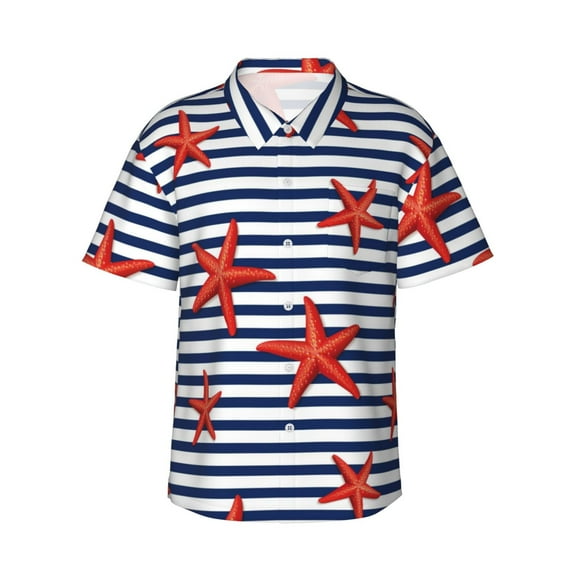Vsdgher Starfish Navy Blue Stripe Print Men's Hawaiian Shirts Button Down Tropical Holiday Beach Shirts Vacation Clothes,Large