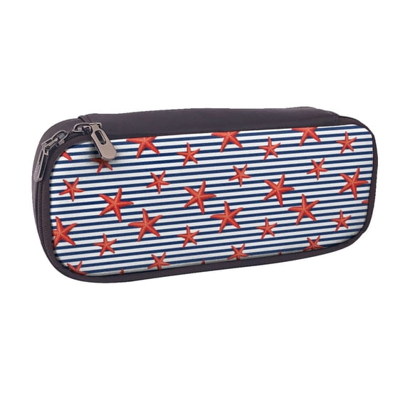 Vsdgher Starfish Navy Blue Stripe Print Pen Case Leather Pencil Pouch Markers Holder Big Capacity Bag with Zippered Pocket for Stationery Tool