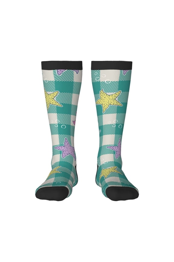Starfish On Checkered Background Print Thigh High Socks Extra Long Stretchy Sock Women Over Knee High Opaque Stocking Daily Wear