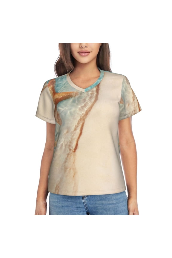 Starfish On The Sand Beach Women Shirts V Neck Short Sleeve Tops T-Shirt Basic Tees, S to 3XLX-Large