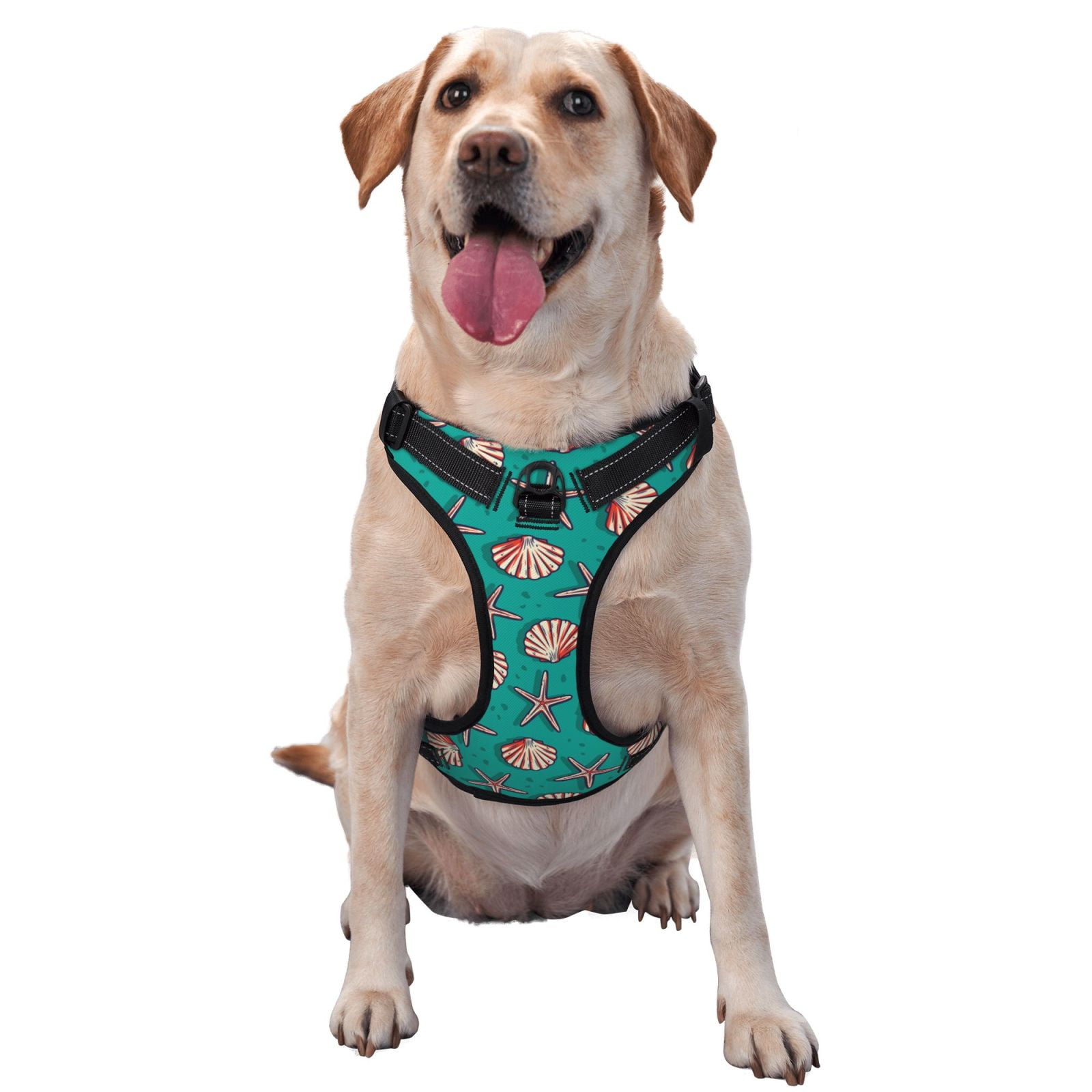 Vsdgher Starfish and Shell Pattern Dog Harness,No Pull Pet Harness with Soft Padded Handle,Adjustable Reflective Vest with 2 Buckles,4 Slide Buckles,S-XL Large