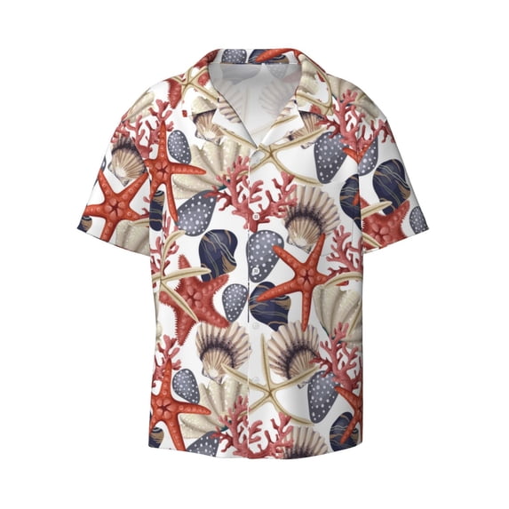 Vsdgher Starfish Shell Print Men's Wrinkle Free Untucked Cuban Shirt Business Casual Button Down Shirts Short Sleeve Shirt