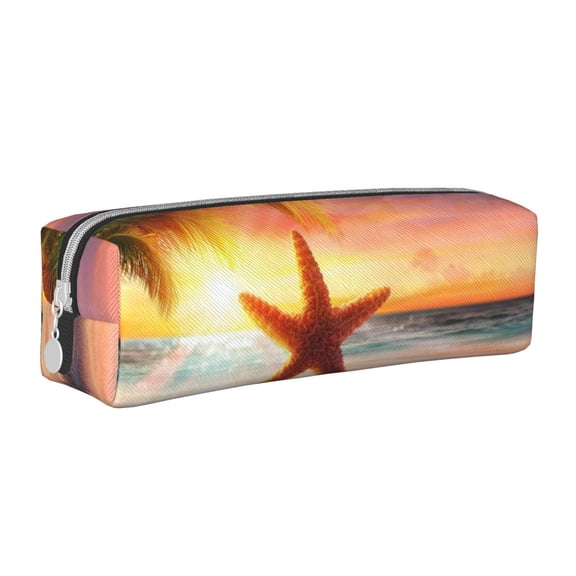 Vsdgher Starfish Sunset Sea Beach Leather Pencil Case, Makeup Pouch, Zipper Pouch for Daily Essentials, Storage Organizer, Cosmetics and Stationary Bag