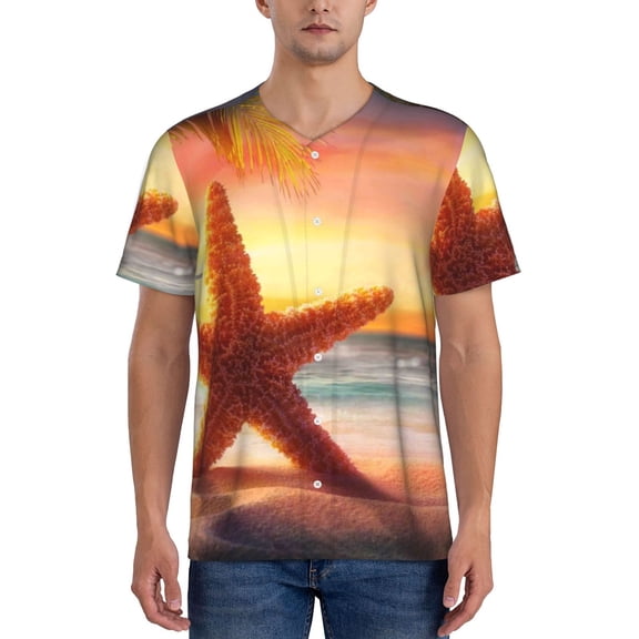Vsdgher Starfish Sunset Sea Beach Mens T-Shirts Baseball Vintage Fashionable Lightweight Casual Crew Neck Slim Fit with Long Sleeves-4X-Large
