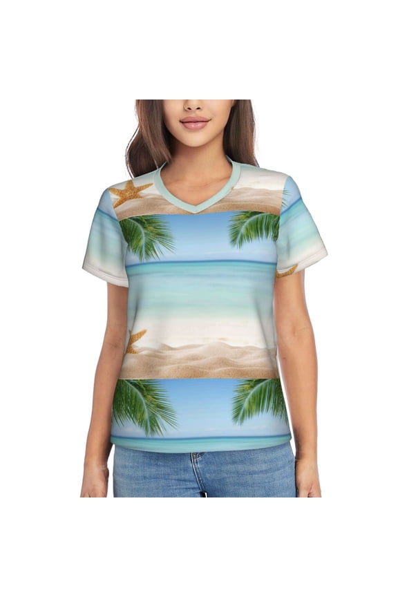 Starfish in Beach Women Shirts V Neck Short Sleeve Tops T-Shirt Basic Tees, S to 3XLMedium