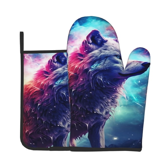 Vsdgher Starry Multicolored Wolf Oven Mitts and Pot Holders 2 pcs Set,High Heat Resistant Kitchen Oven Glove for Baking and Cooking