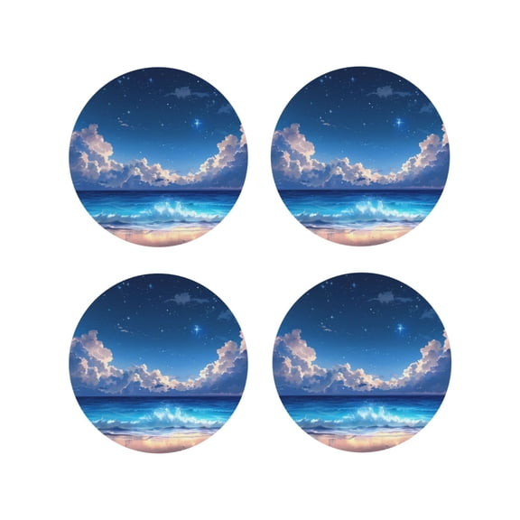 Vsdgher Starry Night Ocean View Leather Coasters for Drinks, Durable Drink Coasters 4 Set for Tabletop Protection, Luxurious Home Décor and Housewarming Gift-Round Shape