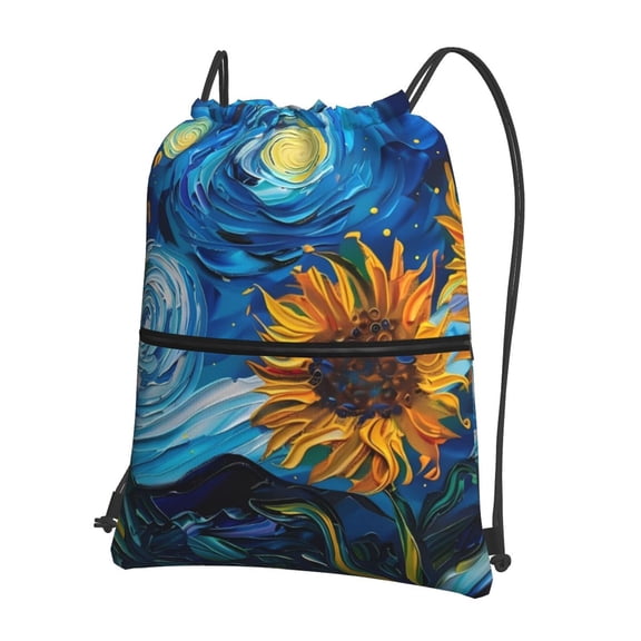 Vsdgher Starry Night Sunflower Field Drawstring Backpack Water Resistant String Bag Sports Sackpack Gym Sack for Men Women