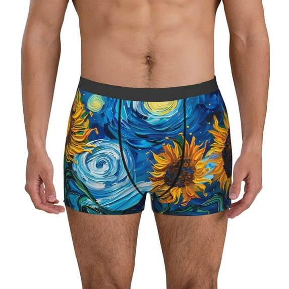 Vsdgher Starry Night Sunflower Field Pattern Men's Boxer Brief Underwear,Soft Funny Underwear for Men-XX-Large