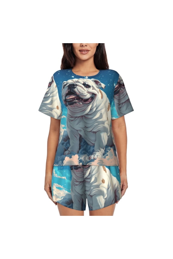 Starry Sky Cloud Bulldog Pattern Womens Pajamas 2 Piece Short Sleeve Sleepwear Set,Summer Soft Pajamas Set Casual Lounge Sets, 2-Piece Pj -3X-Large