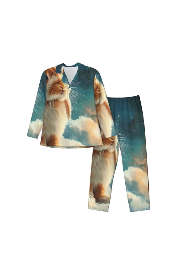 Starry Sky Cloud Cute Rabbit Mens Pajama Set, Soft Warm Long Sleeve Sleepwear, Cozy Button-Down Pjs for Men-X-Large